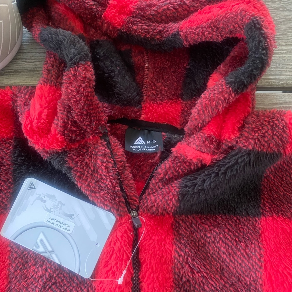 NWT Girls Red & Black Sherpa Fleece Hooded Pullover Sweatshirt, Sz 14-15 - Picture 6 of 6